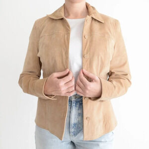 Vintage Cherokee Tan 100% Leather Suede Button Up Jacket Size Small